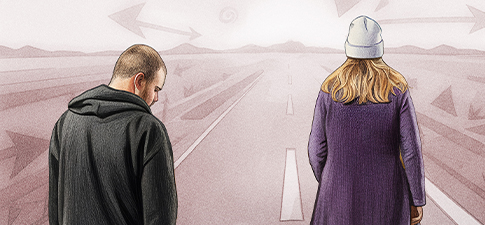 A két főszereplő, nekünk háttal. A lány elindul a horizont irányába, a fiú csak áll, és az előadásban is szereplő szimbolikus tárgyat, a labdát bámulja.